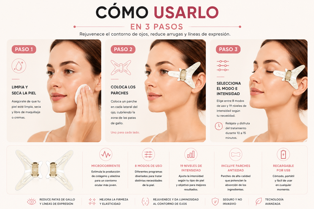 Masajeador de Ojos con Microcorriente, 8 Modos y Parches Antiedad