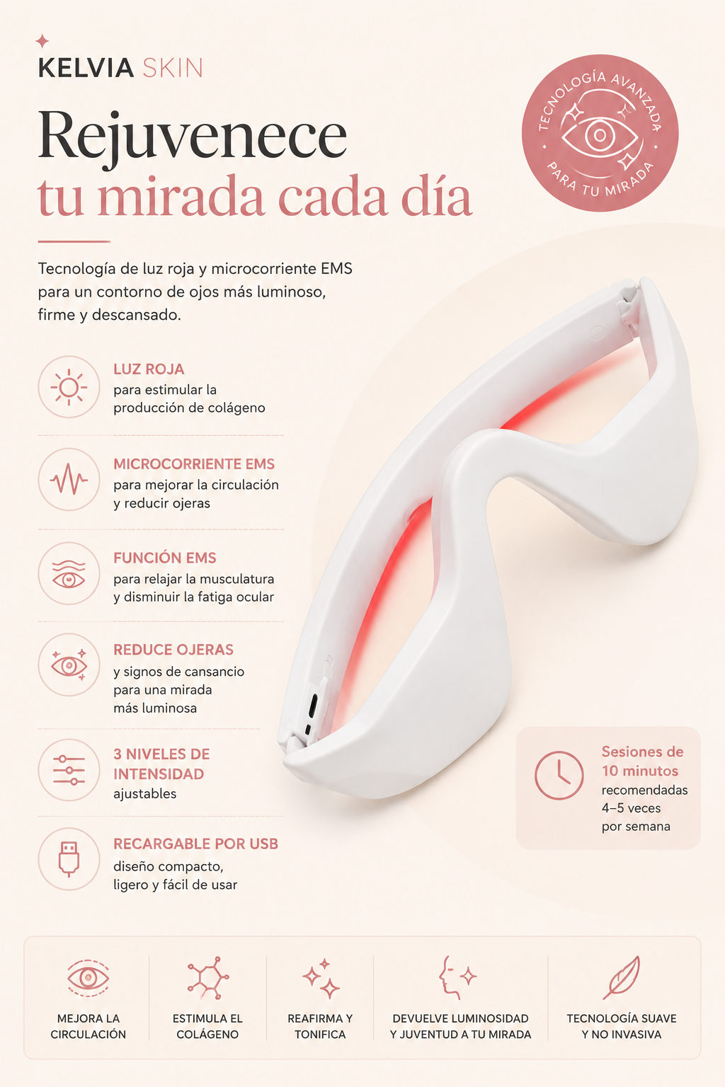 Masajeador de Ojos con Luz Roja y Microcorriente EMS